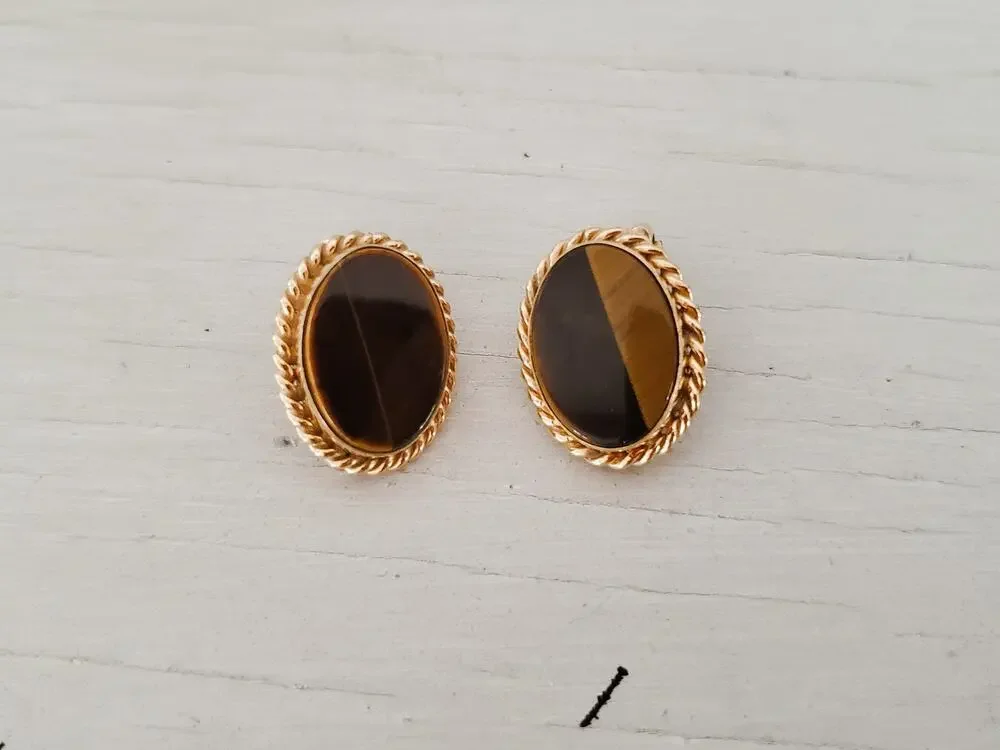 Vintage Tiger-Eye Clip On Gold-fill Earrings